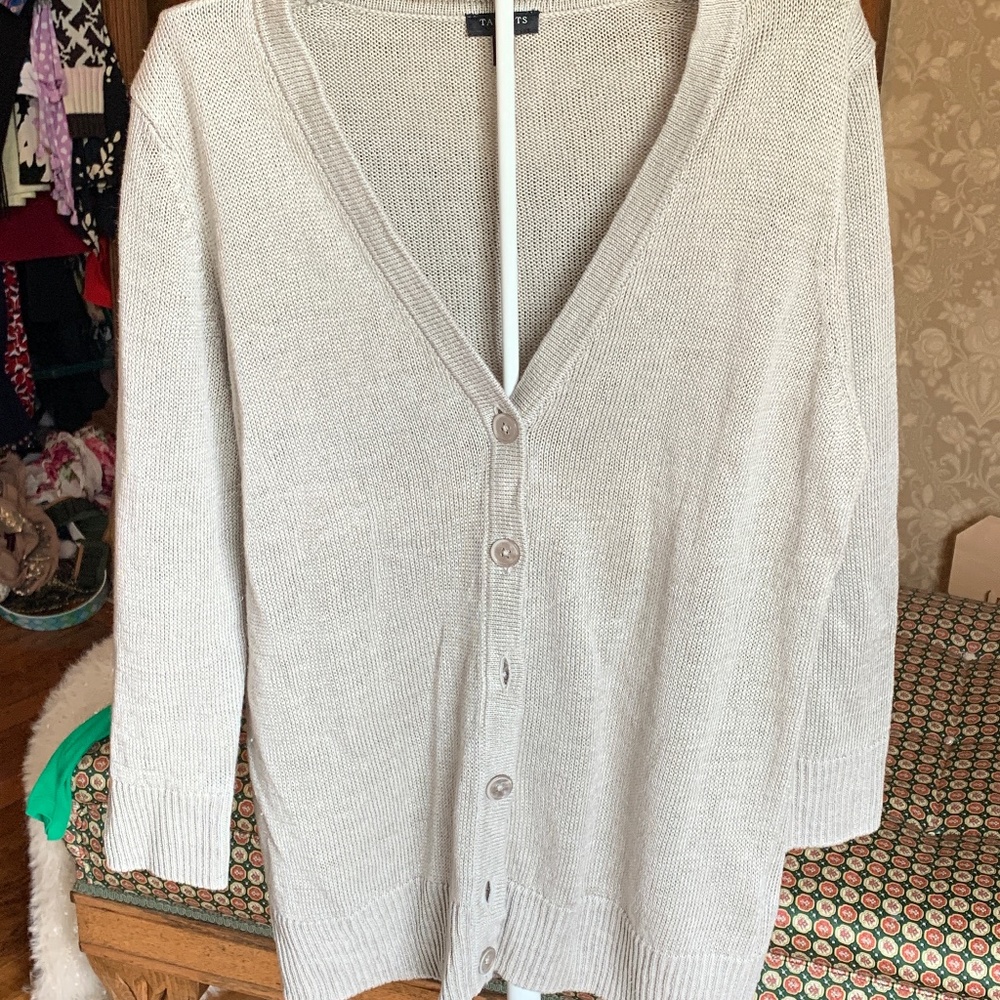 Talbots petites  grey/beige 100 percent linen cardigan . NWOT. Retsil 120‎